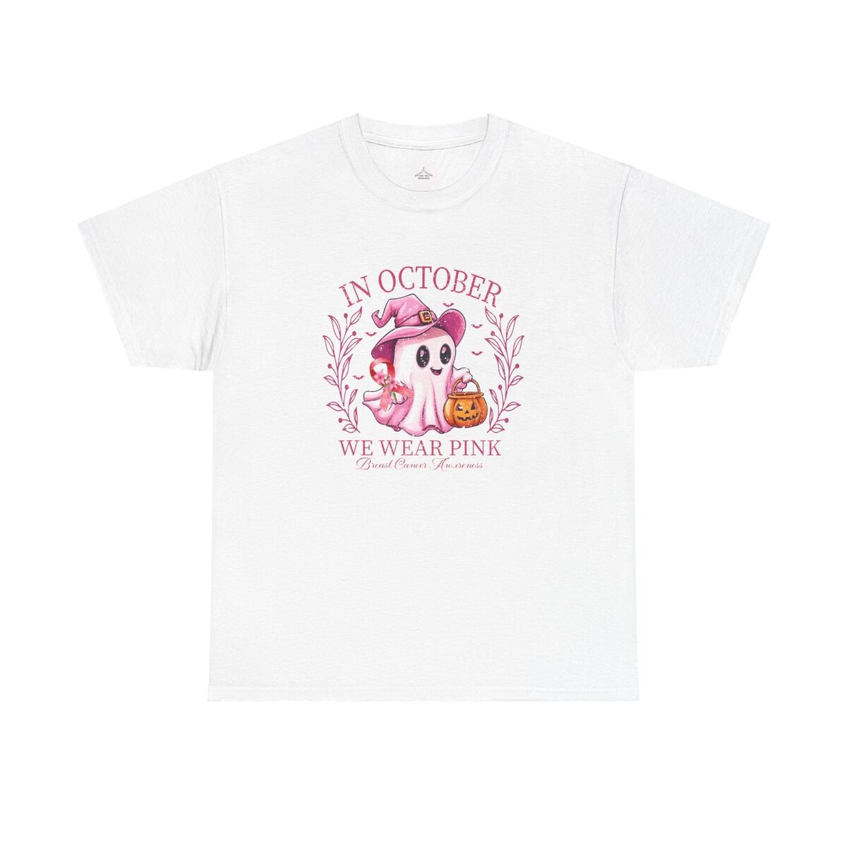 In October We Wear Pink Cute Ghost Graphic Unisex Heavy Cotton Tee